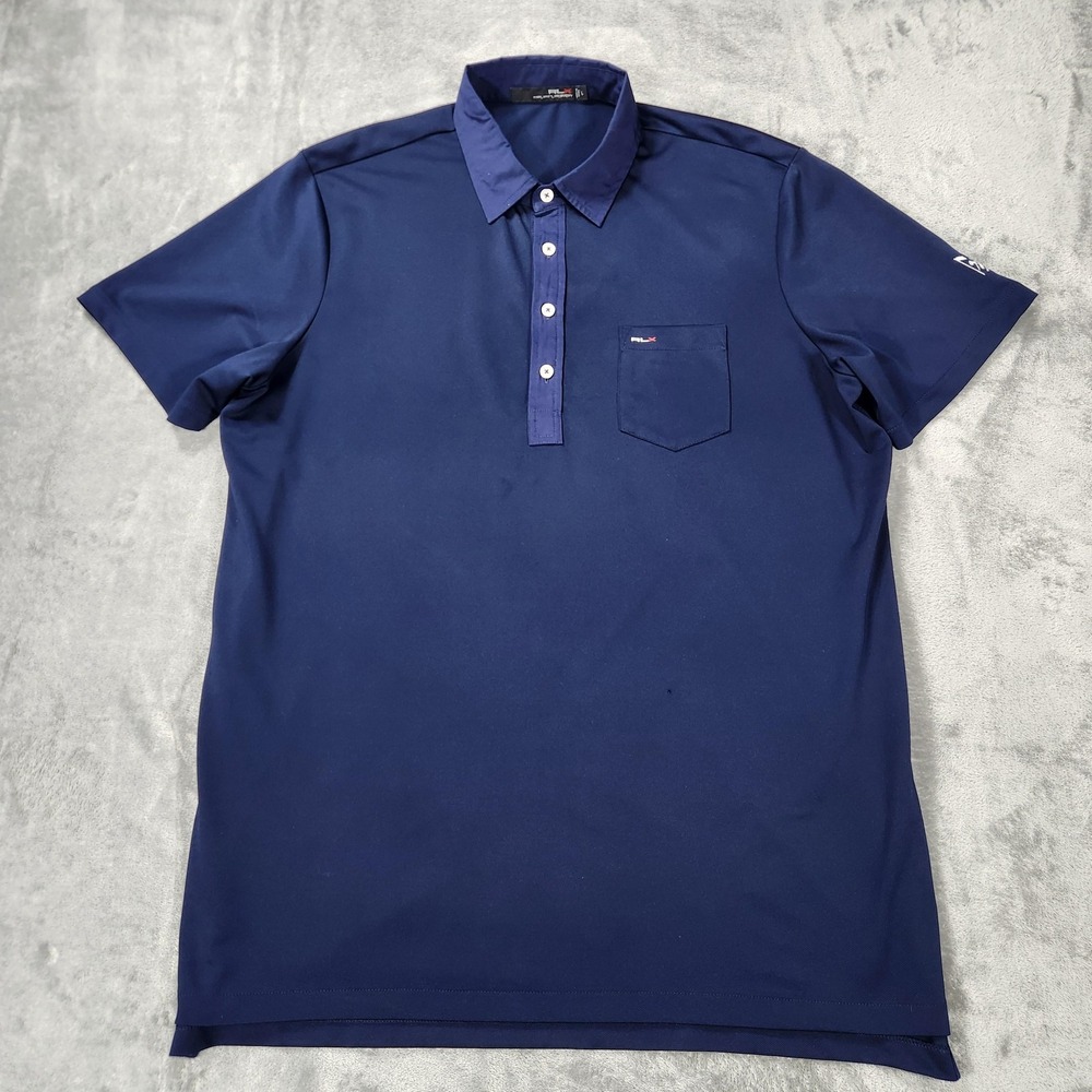 RLX Ralph Lauren Polo Shirt Mens Large Navy Blue Golf Performance Pocket Logo‎
